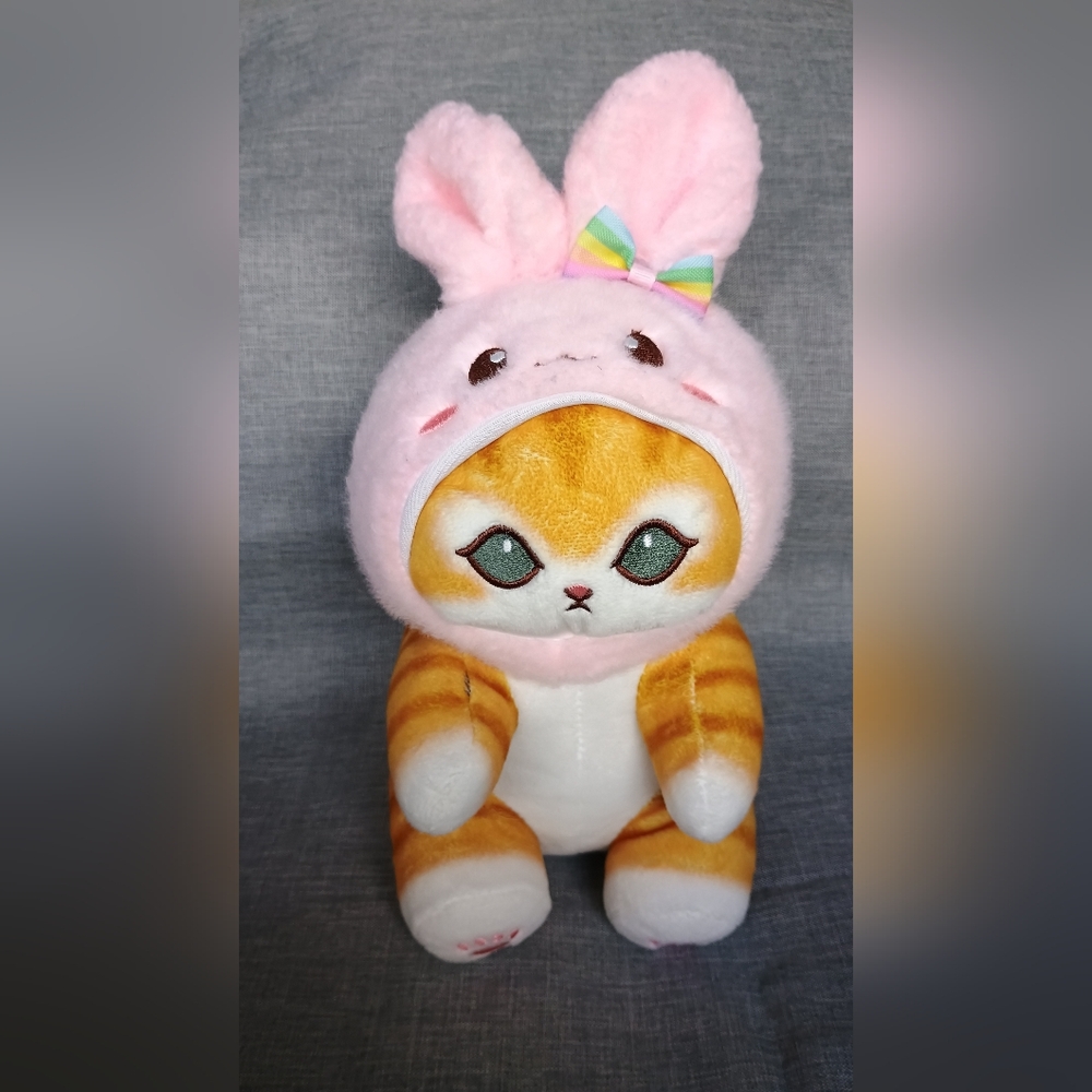 Cute Plush Cat with Pink Bunny Hat